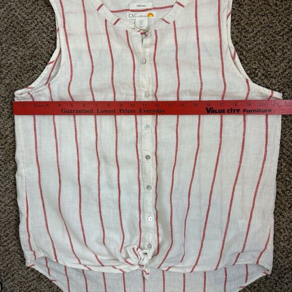 C&C California Red Striped 100% Linen Button Down Sleeveless Shirt Womens Large - Picture 7 of 9